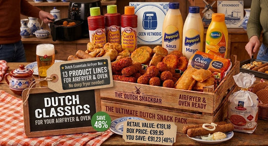 Dutch snack bar products on a wooden table with promotional signs.