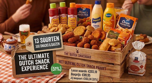 Dutch snack bar with various snacks and drinks on a table.