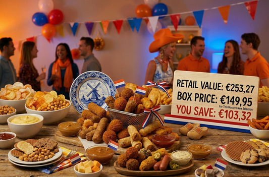 Table with Dutch snacks and a sign displaying retail and box prices, with people in the background.